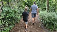 Ein Weg aus Rindenmulch zwischen Sträuchern und Bäumen, auf dem ein Vater mit seinen Kindern entlang geht.