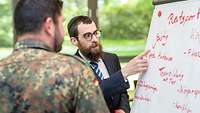 Militärrabbiner Shmuel Havlin zeigt auf eine Flipchart und bespricht die Ergebnisse mit einem Soldaten