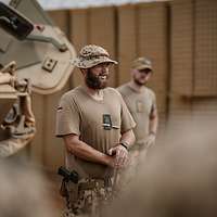 Ein Soldat spricht zu einer Gruppe, hinter ihm steht ein Transportpanzer Fuchs.