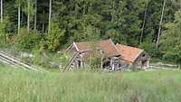 Ein Haus mit rötlichen Dachziegeln steht an einem Waldrand.