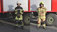 Zwei Brandschützer in Feuerwehruniform stehen nebeneinander vor einem roten Löschwagen.