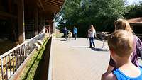 Personen schauten drei Frauen nach, die zwei Esel einen Hofweg entlang führten.
