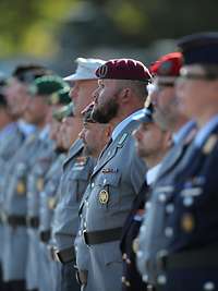 Mehrere Soldaten stehen in Reihen zum Appell angetreten