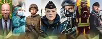 Eine Fotocollage zeigt Soldaten und Zivilisten im Porträt