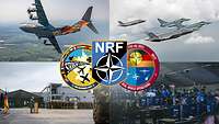 Eine Collage mit Flugzeugen und Bodenpersonal in der Mitte das Wappen NRF, Air Defender und RWO.