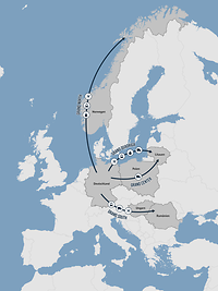 Eine Karte mit Pfeilen, die von Deutschland nach Norwegen, Litauen (über Polen) und Rumänien (über Ungarn) führen