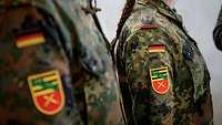 Das zweiteilige Wappen, unten rot mit gelben Rohren für die Artillerie.