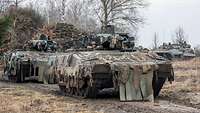 Mehrere Schützenpanzer verschiedener Nationen und ein Bergepanzer fahren auf einem Übungsplatz