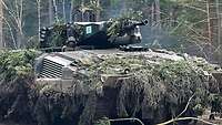 Nahaufnahme eines mit Tannenzweigen getarnten Panzers im Gelände