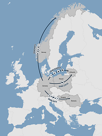 A map with arrows leading from Germany to Norway, Lithuania (via Poland) and Romania (via Hungary).