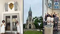 Eingang der Kirche, die Kirche und ein Gruppenfoto der Konfirmanden nach dem Gottesdienst