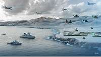 Eine Bildcollage die grafisch aufgearbeitet wurde, wie Schiff-, Land- und Flugsysteme verknüpft sind