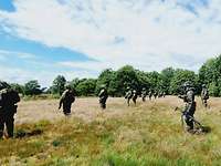 Schützenreihe, Schützenrudel, überschlagend ausweichen Mehrere Soldaten gehen durch eine Heidelandschaft