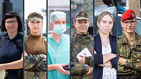 Collage aus fünf Frauen in militärischer und ziviler Kleidung.