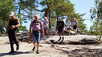 Teilnehmer wandern über felsige Landschaften