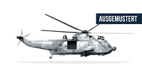 Mehrzweckhubschrauber Sea King Mk41 freigestellt in Seitenansicht und der Schriftzug „Ausgemustert“
