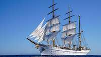 Ein Segelschiff ganz in weiß fährt zur See.