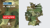 Eine Grafik zeigt eine Karte von Deutschland mit zehn Standorten für den Tag der Bundeswehr 2025
