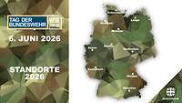 Eine Grafik zeigt eine Karte von Deutschland mit zehn Standorten für den Tag der Bundeswehr 2026.