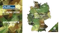 Eine Grafik zeigt eine Karte von Deutschland mit Standorten für den Tag der Bundeswehr 2026.