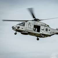 Aus der Froschperspektive ist der Mehrzweckhubschrauber NH-90 NTH Sea Lion im Flug zu erkennen.