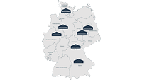 Eine graue Deutschlandkarte mit blauen Flächen an den Orten der Dienstsitze