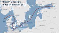 Map of the Baltic Sea with a red line going from Primorsk and Ust-Luga Russia to the North Sea