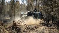 A tank drives through a forest aisle producing a cloud of dust