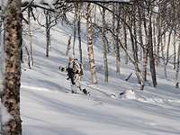 Ein Soldat läuft auf Ski und zieht einen Schlitten hinter sich her.