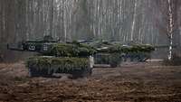 Drei Kampfpanzer fahren mit seitlich verschwenkten Türmen in Richtung Schießbahn.