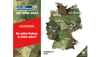 Grafik mit einer Deutschlandkarte und Informationen zum Tag der Bundeswehr 2025 