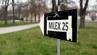 Ein pfeilförmiges Schild mit der Aufschrift "MILEX 25", das nach links zeigt