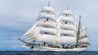 Auf ruhigem Gewässer ist ein anmutiges Segelschiff mit weißen Segeln erkennbar.