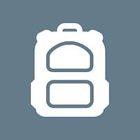 A graphic symbol of a backpack in white on a blue-grey background.
