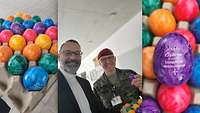Bunte Ostereier umrahmen einen Militärpfarrer und einen Soldaten