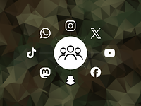 Eine Grafik zeigt die Icons verschiedener Social Media-Plattformen angeordnet im Kreis 