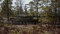 Ein getarnter Panzer in schneller Fahrt durch den Wald