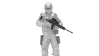 Ein Soldat ist schemenhaft dargestellt. Er trägt ein Maschinengewehr.