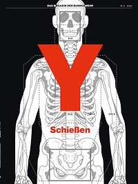 Das Cover vom Y-Magazin „Schießen“ mit einer Illustration von einem Skelett