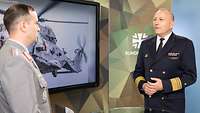 „Nachgefragt“ mit Vizeadmiral Carsten Stawitzki Zwei Soldaten stehen sich vor einem Monitor gegenüber und sprechen miteinander