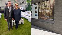 Zwei Bilder - links ein Mann und eine Frau blicken in die Kamaera; rechts ein Foto an einer Wand