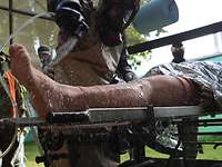Dekontamination eines Übungspatienten unter CBRN-Bedingungen Ein Übungspatient wird auf einer Trage liegend mit Wasser an den Beinen dekontaminiert
