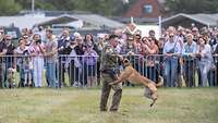 Menschen stehen hinter Absperrzäune und beobachten die Vorführung eines Soldaten mit seinem Hund