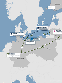 Eine Karte mit Namen von militärischen Übungen in Deutschland, in der Ostsee und in Litauen