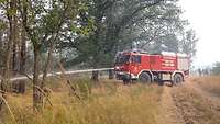 Ein Feuerwehrfahrzeug löscht Brände in einem Wald