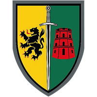 Geteiltes Wappen mit aufsteigendem Löwe auf goldenem Grund, ein Schwert, roter Turm auf grünem Grund