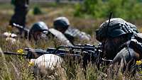 Soldaten liegen zum Schießen in einer Wiese.