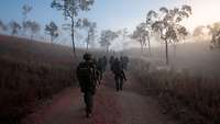 Übung Talisman Sabre 2025 Viele Soldaten marschieren auf einem sandigen Weg im Buschland Australiens im Morgennebel.
