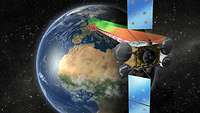 Grafik des Heinrich-Hertz-Satelliten, der im All vor der Erde schwebt.