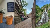 Ein Altar, Menschen in der Innenstadt und ein Wasserfall